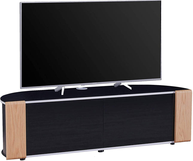 MDA Designs Sirius 1600 Cabinet with BeamThru Remote-Friendly Gloss Black with Walnut/Oak Interchangeable Trims for Flat Screen TVs up to 70" - Grade A