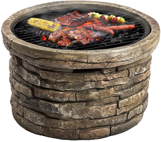 Centurion Supports Fireology SAMUI Khaki Majestic Garden and Patio Heater Fire Pit Brazier and Barbecue with Eco-Stone Finish and Cover