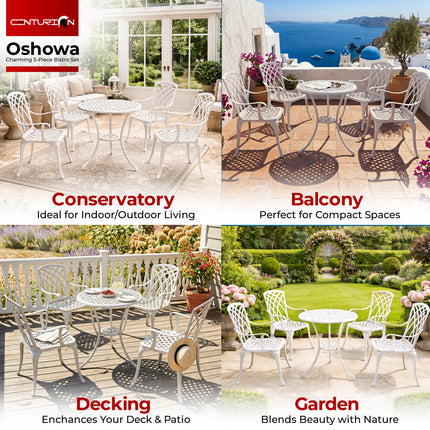 Centurion Supports OSHOWA Luxurious Garden and Patio Table and 4 Large Chairs with Armrests Cast Aluminium Bistro Set - White