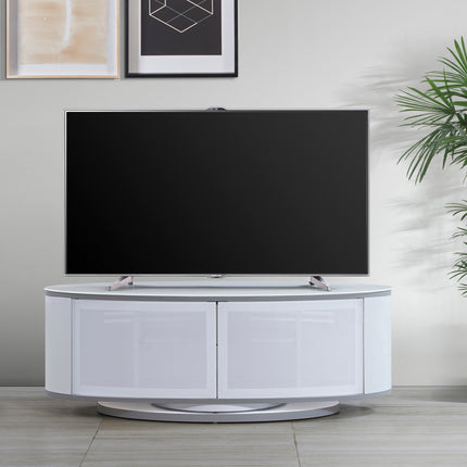 MDA Designs LUNA Gloss White Oval Cabinet with White Profiles White BeamThru Glass Doors Suitable for Flat Screen TVs up to 50"