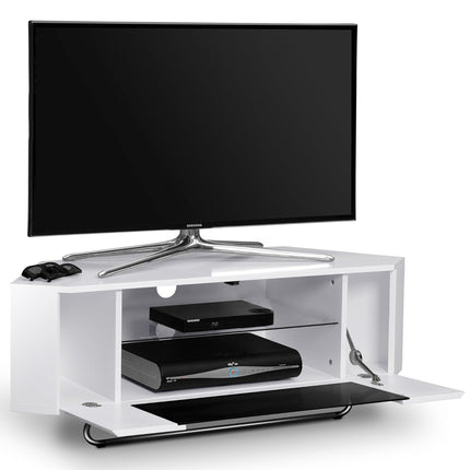 Centurion Supports Hampshire Corner-Friendly Gloss White with Black Contrast Beam-Thru Remote Friendly Door 26"-50" Flat Screen TV Cabinet