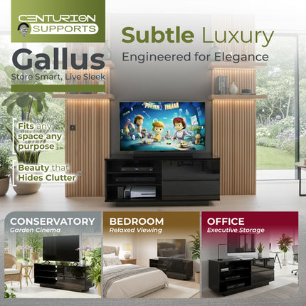 Centurion Supports Gallus High Gloss Black TV Stand with 2 Drawers and 3-Shelves Modern Entertainment Unit for TVs up to 55 Inch - FULLY ASSEMBLED