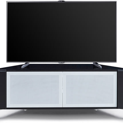 MDA Designs CORVUS Corner-Friendly Gloss Black Contemporary Cabinet with Black Profiles White BeamThru Glass Doors Suitable for Flat Screen TVs up to 50"