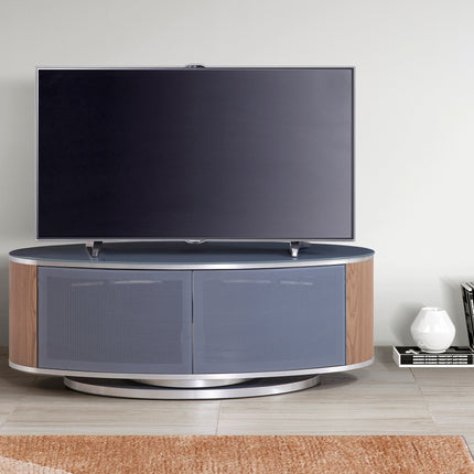 MDA Designs LUNA Grey Oval Cabinet with Oak Profiles & Grey BeamThru Glass Doors Suitable for Flat Screen TVs up to 50"
