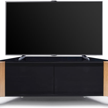 MDA Designs CORVUS Corner-Friendly Gloss Black Contemporary Cabinet with Oak Profiles Black BeamThru Glass Doors Suitable for Flat Screen TVs up to 50"