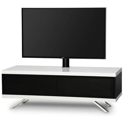 MDA Designs TUCANA 1200 Hybrid Black White TV Stand BeamThru Remote-Friendly Doors up to 60" Flat Screen TV Cabinet with Mounting Arm
