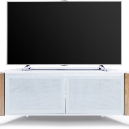 MDA Designs CORVUS Corner-Friendly Gloss White Contemporary Cabinet with Oak Profiles White BeamThru Glass Doors Suitable for Flat Screen TVs up to 50"