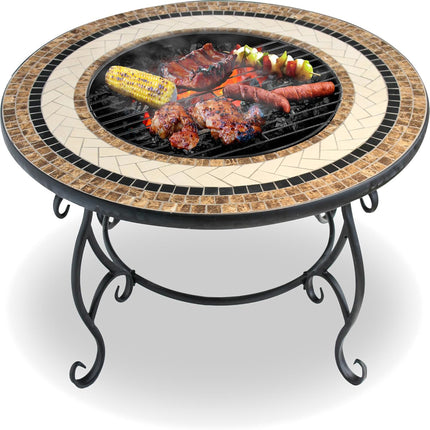 Centurion Supports TOPANGA High-End Round Multi-Functional Garden and Patio Heater, Fire Pit, Coffee Table, BBQ and Ice Bucket with Ceramic Tiles and Cover