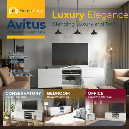 Homeology Avitus Premium High Gloss White with 4-White Drawers and 3-Shelf 32"-65" LED/OLED/LCD TV Cabinet - Fully Assembled
