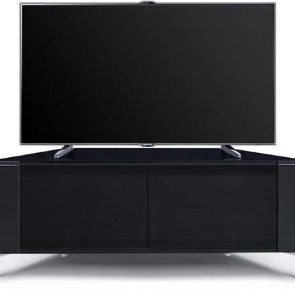 MDA Designs CORVUS Corner-Friendly Gloss Black Contemporary Cabinet with Black Profiles Black BeamThru Glass Doors Suitable for Flat Screen TVs up to 50"