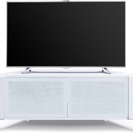 MDA Designs CORVUS Corner-Friendly Gloss White Contemporary Cabinet with White Profiles White BeamThru Glass Doors Suitable for Flat Screen TVs up to 50" - Grade A