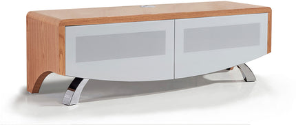 MDA Designs WAVE 1200 Oak with White Glass Hybrid BeamThru Remote-Friendly up to 60" Flat Screen Tv Cabinet - Grade A
