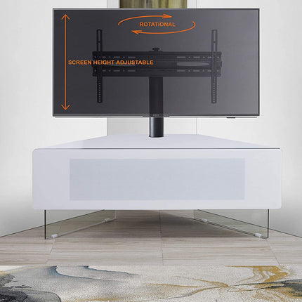 MDA Designs Antares HYBRID White Corner-Friendly with Clear Acrylic Legs Hover Effect & Remote-Friendly Glass Door TV Cabinet with Mounting Bracket - Grade A