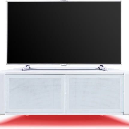 MDA Designs CORVUS Corner-Friendly Gloss White Contemporary Cabinet with White BeamThru Glass Doors for Flat Screen TVs up to 50" with 16 Colour LED Lights
