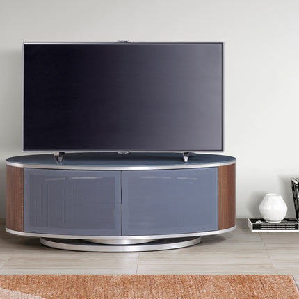 MDA Designs LUNA Grey Oval Cabinet with Walnut Profiles & Grey BeamThru Glass Doors Suitable for Flat Screen TVs up to 50"
