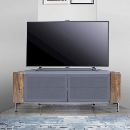 MDA Designs CORVUS Corner-Friendly Grey BeamThru Glass Doors with Walnut Profiles Contemporary Cabinet for Flat Screen TVs up to 50"