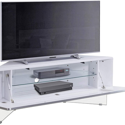 MDA Designs Antares Hybrid White Corner-Friendly Cabinet with Clear Acrylic Legs Hover Effect & Remote-Friendly Glass Door TV Stand - Grade A