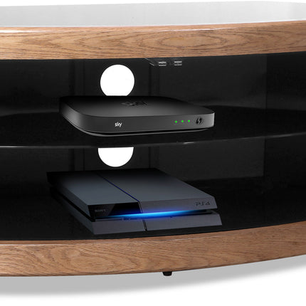 Centurion Supports PANGEA Black Oak Beam-Thru Glass Doors Curved Unit Tru-Corner 32"-50" TV Cabinet - Grade A