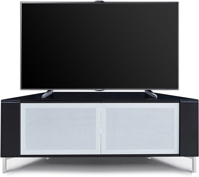 MDA Designs CORVUS Corner-Friendly Gloss Black Contemporary Cabinet with Black Profiles White BeamThru Glass Doors Suitable for Flat Screen TVs up to 50"