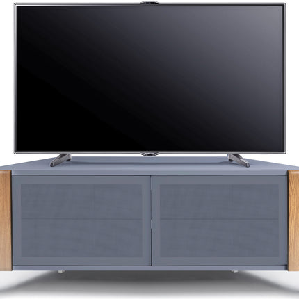 MDA Designs CORVUS Corner-Friendly Grey BeamThru Glass Doors with Oak Profiles Contemporary Cabinet for Flat Screen TVs up to 50"