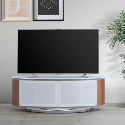 MDA Designs LUNA Gloss White Oval Cabinet with Walnut Profiles White BeamThru Glass Doors Suitable for Flat Screen TVs up to 50"