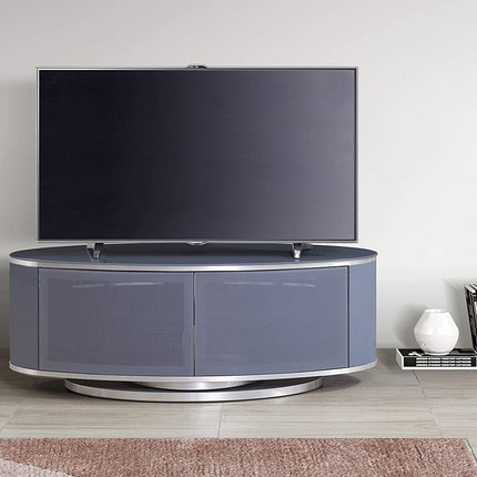 MDA Designs LUNA Grey Oval Cabinet with Grey Profiles & Grey BeamThru Glass Doors Suitable for Flat Screen TVs up to 50"
