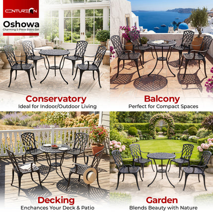 Centurion Supports OSHOWA Garden and Patio Table and 4 Large Chairs with Armrests Cast Aluminium Bistro Set - Black
