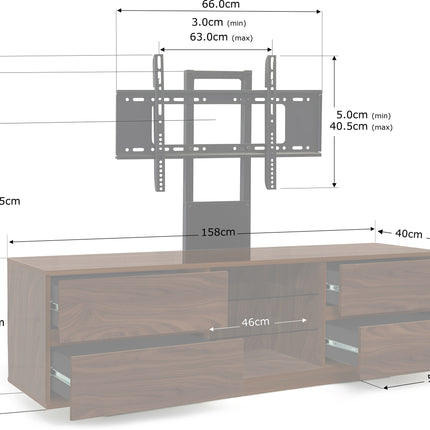 Centurion Supports AVITUS ULTRA Walnut Remote Friendly BeamThru Door with 4-Black Drawers up to 65" Flat Screen TV Cabinet with Mounting Arm