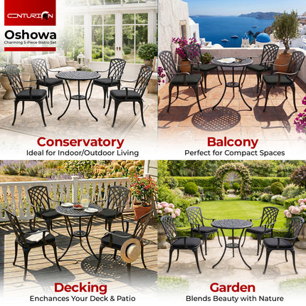 Centurion Supports OSHOWA Garden and Patio Table and 4 Large Chairs with Armrests Cast Aluminium Bistro Set - Black Cushions