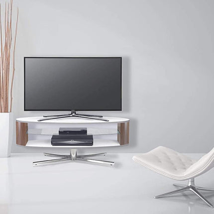 MDA Designs Orbit 1100WWA Gloss White TV Stand with Walnut Elliptic Sides for Flat Screen TVs up to 55"