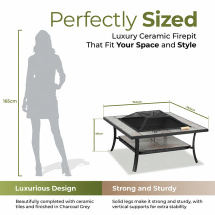 Centurion Supports SHANGO Multi-Functional Black with Ceramic Tiles Outdoor Garden Patio Square Heater Fire Pit Brazier and Outdoor Table - Grade A