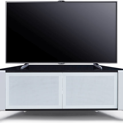 MDA Designs CORVUS Corner-Friendly Gloss Black Contemporary Cabinet with White Profiles White BeamThru Glass Doors Suitable for Flat Screen TVs up to 50"