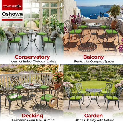 Centurion Supports OSHOWA Luxurious Garden and Patio Table and 4 Large Chairs with Armrests Cast Aluminium Bistro Set - Grey with Green Cushions