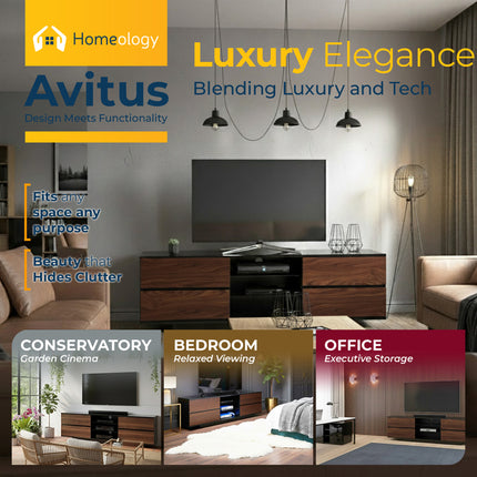 Homeology Avitus High Gloss Black with 4-Walnut Drawers & 3-Shelf 32"-65" LED/OLED/LCD TV Cabinet - Fully Assembled