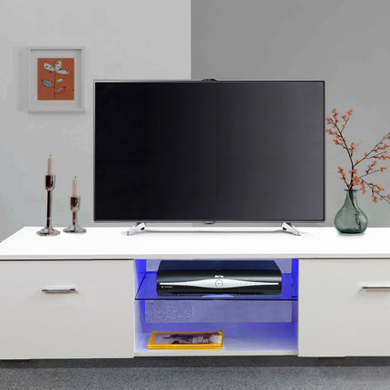 MDA Designs Auriga White Modern TV Cabinet for Flat TV Screens of up to 65" Entertainment Unit with Shelves and Built-in Blue LED Lights