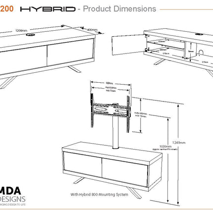 MDA Designs TUCANA 1200 HYBRID WHITE COMPLETE Beam Thru Remote-Friendly up to 60" Flat Screen Cantilever TV Cabinet