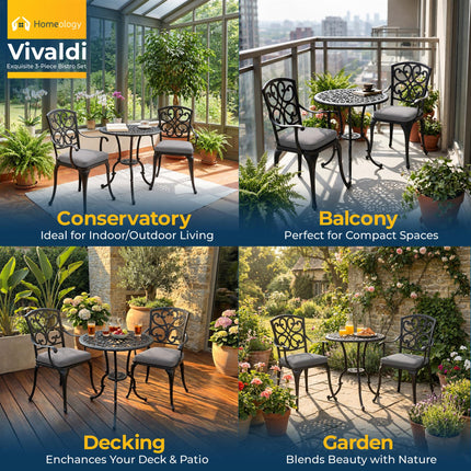 Homeology VIVALDI Black 3-Piece Cast Aluminium Garden Bistro Set - Rust-Proof Round Table with Parasol Hole & 2 Generously Sized Armchairs - with Grey Cushions
