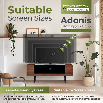 Centurion Supports ADONIS Walnut with Black Contrast Beam-Thru Remote Friendly Door 26"-55” Flat Screen TV Cabinet