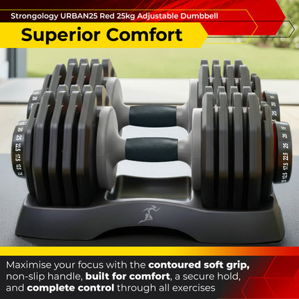 Strongology URBAN25 Grey Adjustable Dumbbell Pair | 2.5kg to 25kg Quick-Select Weight | 10-in-1 Space-Saving Design | Soft-Grip Handle | Secure Plate-Locking System | Home Gym Strength Training Workouts