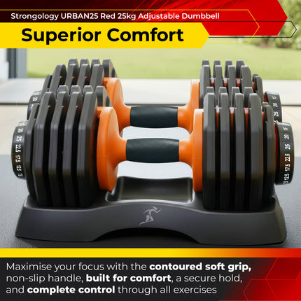 Strongology URBAN25 Orange Adjustable Dumbbell Pair | 2.5kg to 25kg Quick-Select Weight | 10-in-1 Space-Saving Design | Soft-Grip Handle | Secure Plate-Locking System | Home Gym Strength Training Workouts