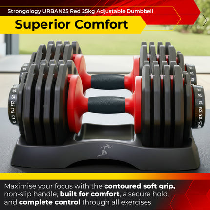 Strongology URBAN25 Red Adjustable Dumbbell Pair | 2.5kg to 25kg Quick-Select Weight | 10-in-1 Space-Saving Design | Soft-Grip Handle | Secure Plate-Locking System | Home Gym Strength Training Workouts