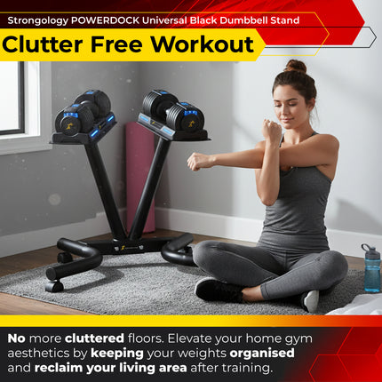 Strongology POWERDOCK Universal Dumbbell Floor Stand – Heavy Duty Steel Compact V-Frame Ergonomic Rack with Castor Wheels, Secure Safety Straps & Easy Assembly (Dumbbells Not Included)