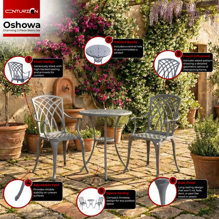 Centurion Supports OSHOWA Luxurious Garden and Patio Table and 2 Large Chairs with Armrests Cast Aluminium Bistro Set Grey