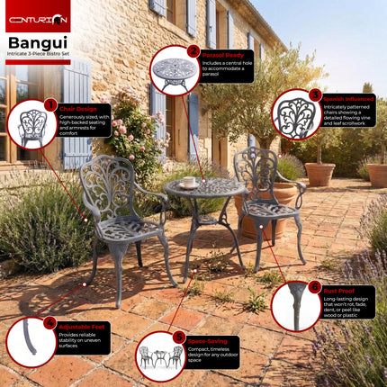 Centurion BANGUI 3 Piece Cast Aluminium Garden Bistro Set – Rust-Proof Outdoor Patio Table with Parasol Hole & 2 Large Chairs – Spanish Style Garden Furniture for Patio, Balcony & Conservatory – Grey