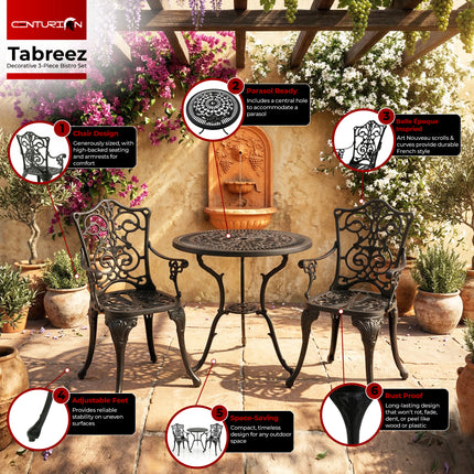 Centurion TABREEZ 3-Piece Bistro Set Garden Furniture, Cast Aluminium Outdoor Patio Set, Metal Garden Furniture, Rust-Proof Table & 2 Chairs, Bistro Set, Black