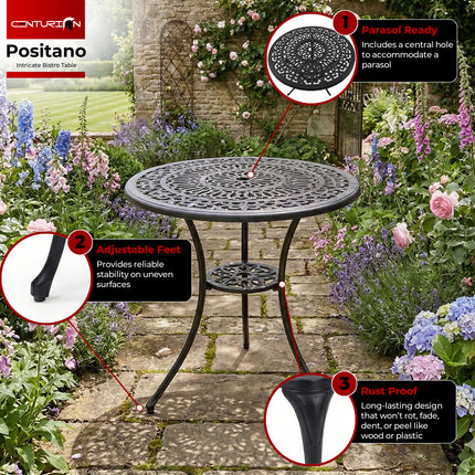 Centurion POSITANO Cast Aluminium Garden Bistro Table, Outdoor Patio Table, Round Garden Table with Parasol Hole, Victorian Outdoor Furniture for Balcony Terrace Conservatory in Black