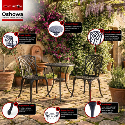Centurion OSHOWA Luxurious Garden and Patio Table and 2 Large Chairs with Armrests Cast Aluminium Bistro Set - Black