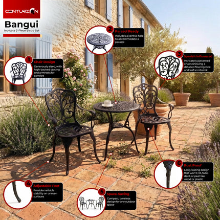 Centurion BANGUI 3 Piece Cast Aluminium Garden Bistro Set – Rust-Proof Outdoor Patio Table with Parasol Hole & 2 Large Chairs – Spanish Style Garden Furniture for Patio, Balcony & Conservatory – Black