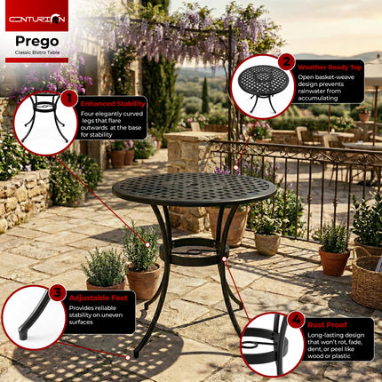 Centurion PREGO Outdoor Bistro Table Cast Aluminium Black, Garden Patio Round Table with 4-Legs Weather Resistant Rustproof Metal Furniture for Balcony Decking Terrace
