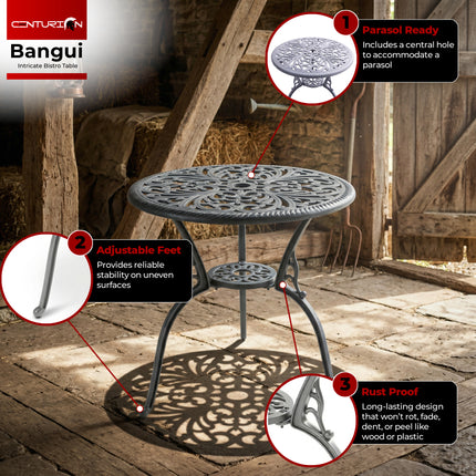 Centurion BANGUI Outdoor Bistro Table Cast Aluminium Grey, Garden Patio Round Table with Parasol Hole, Weather Resistant Rustproof Metal Furniture for Balcony Decking Terrace 68.5cm